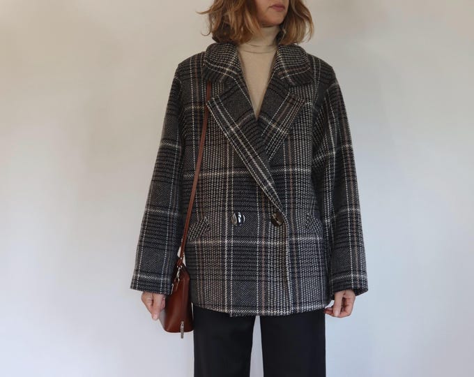 Vintage St Michael Grey Plaid Oversized Jacket Coat