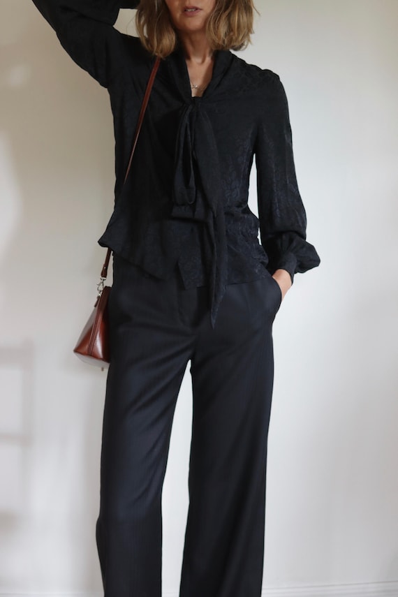 LANVIN Paris Boutique | Black Pussy Bow Paisley All Silk Vintage Blouse