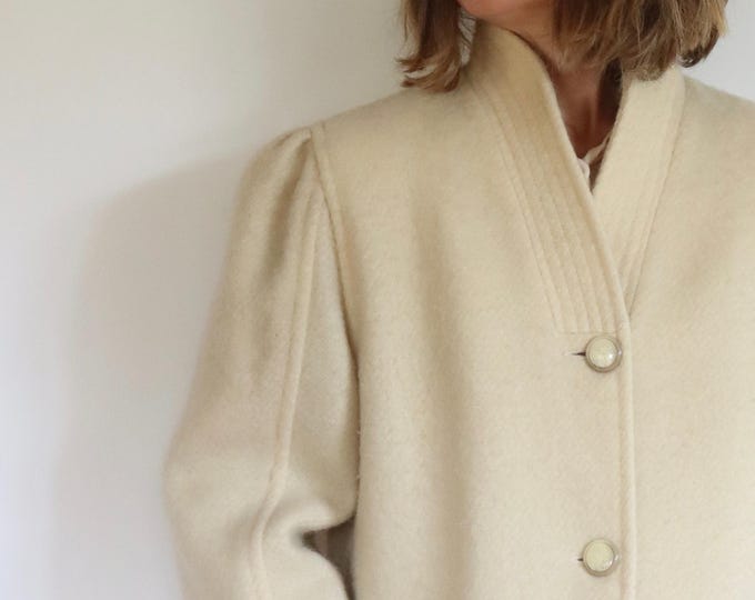 Cream Pure Wool 1980s Puff Sleeve Coat