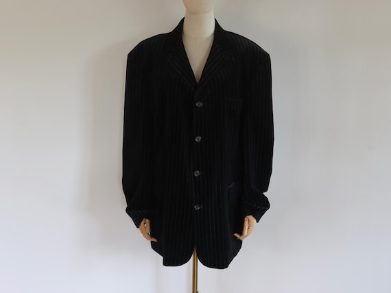 Black Oversized Velvet Pinstripe Blazer by Tom Wolfe
