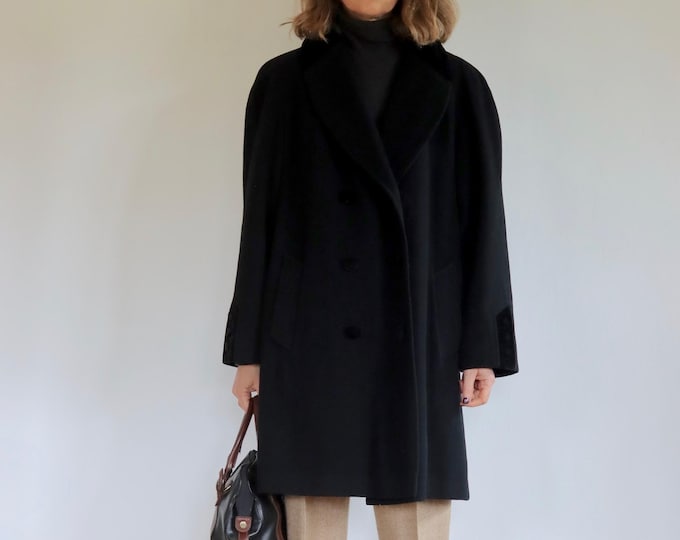 Black Velvet Trim Wool Blend Midi Coat