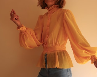 David Butler Pressler Yellow Balloon Sleeve Peplum  Blouse 1970s