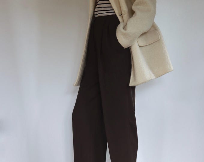 LAURA ASHLEY Brown Pure Wool Pleated Tapered Trousers