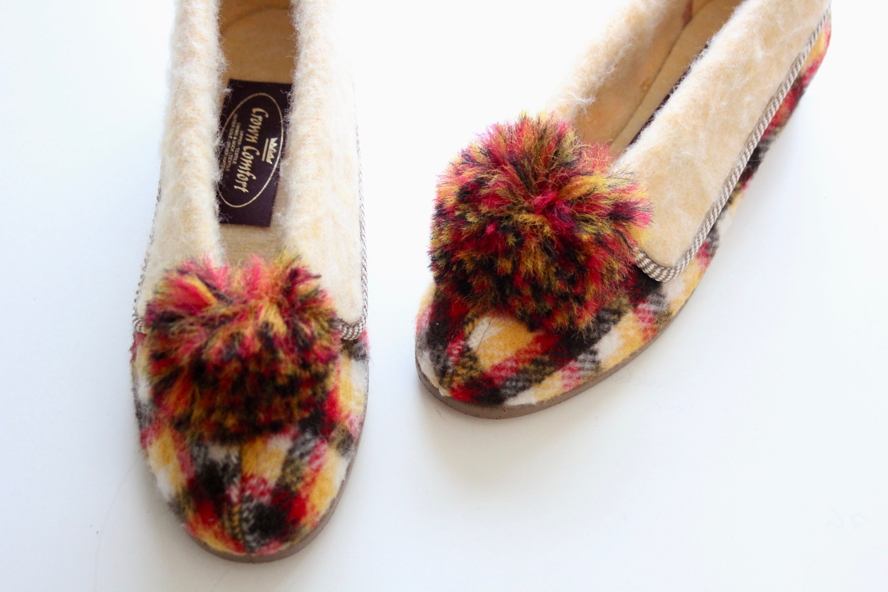 tartan slippers with pom poms