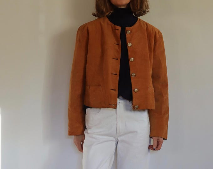 Camel Suede Leather Cropped Jacket