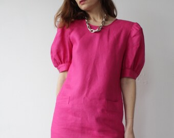 MARELLA | Vintage Hot Pink Linen Puff Sleeve Dress