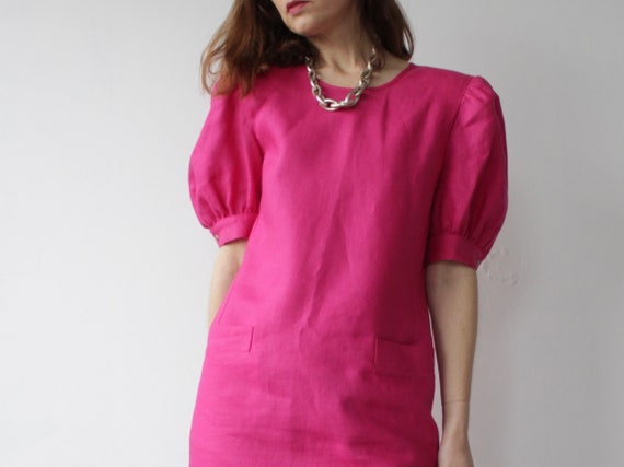 MARELLA | Vintage Hot Pink Linen Puff Sleeve Dress