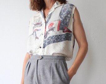 Vintage Novelty Print All Silk Sleeveless Blouse