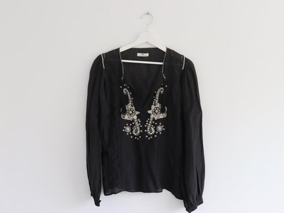 Boho Black Embroidered Woven Cotton Silk Blouse