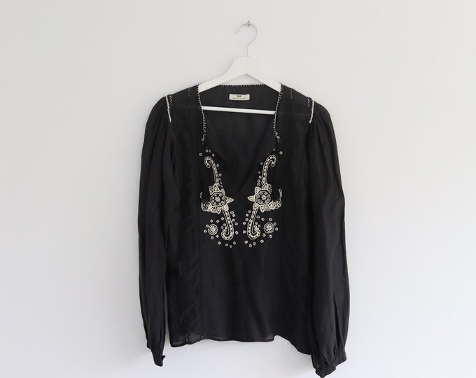 Boho Black Embroidered Woven Cotton Silk Blouse