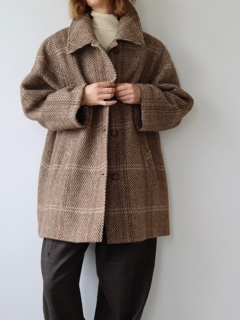 Vintage 80s Oversized Herringbone Wool & Llama Coat