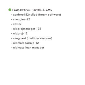May include: A white background with a green circle and the text "Frameworks, Portals & CMS." Below are bullet points listing software names such as "xenforo152nulled," "snengine-22," "xavier," "ultiprojmanager-125," "ultiproj-12," "vanguard," "ultimatebackup-12," and "ultimate loan manager."