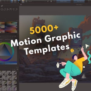 May include: An illustration advertising motion graphic templates. The image displays the text "5000+ Motion Graphic Templates" in white and yellow. A cartoon figure in a yellow top and teal trousers points towards the text. The background shows a digital art program interface.