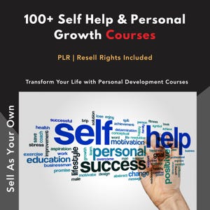 Puede incluir: Imagen promocional de cursos de autoayuda y crecimiento personal. La imagen presenta el texto "100+ Self Help & Personal Growth Courses" en blanco y rojo, con la frase "PLR | Resell Rights Included" debajo. También hay una nube de palabras con términos como "éxito" y "motivación".