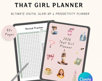 Planificador digital 2026, Planificador That Girl, Planificador diario, semanal y mensual, Seguimiento de hábitos, Presupuesto y fitness, Planificador Canva, PLR MRR