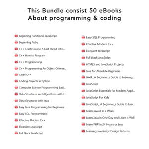 Puede incluir: Imagen de un paquete de 50 eBooks sobre programaci&oacute;n y codificaci&oacute;n. Los t&iacute;tulos incluyen "Beginning Functional JavaScript", "C++ Programming", "Java for Absolute Beginners" y "JavaScript Essentials..."