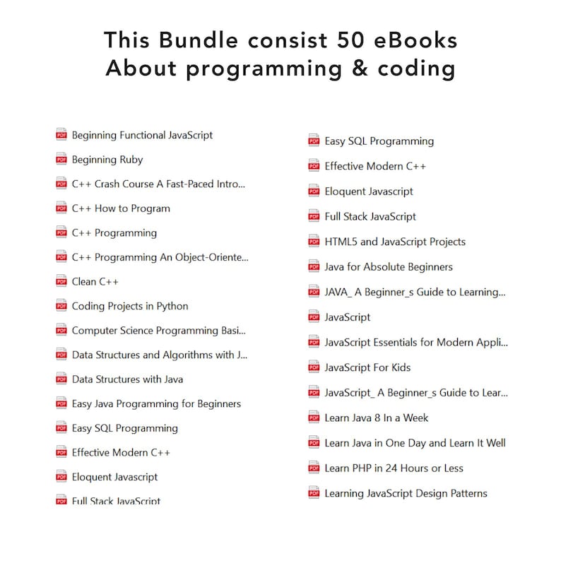 Puede incluir: Imagen de un paquete de 50 eBooks sobre programaci&oacute;n y codificaci&oacute;n. Los t&iacute;tulos incluyen "Beginning Functional JavaScript", "C++ Programming", "Java for Absolute Beginners" y "JavaScript Essentials..."