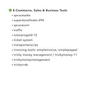 May include: A list of e-commerce, sales, and business tools, including "sprucesales", "superstorefinder-294", "sprucecom", "traffix", "tutorprogold-12", "ticket system", "transporterscript", and invoicing tools.