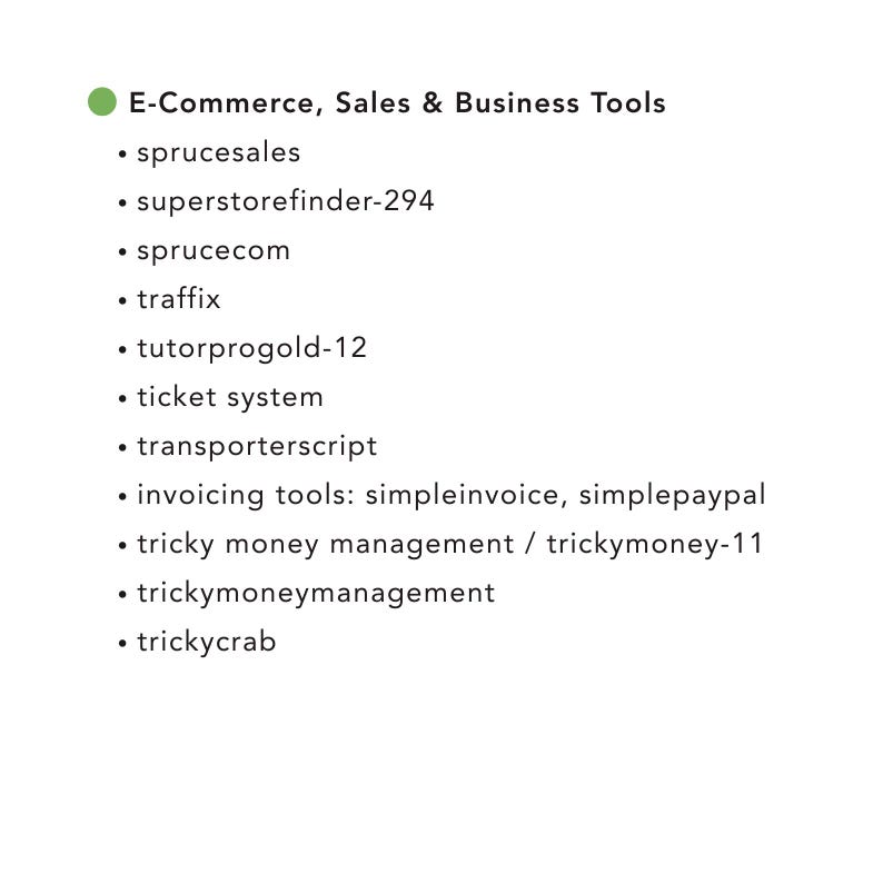 May include: A list of e-commerce, sales, and business tools, including "sprucesales", "superstorefinder-294", "sprucecom", "traffix", "tutorprogold-12", "ticket system", "transporterscript", and invoicing tools.