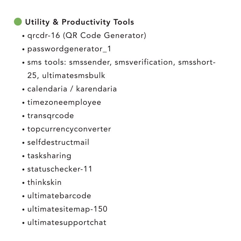 May include: A list of utility and productivity tools, including a QR code generator, password generator, and SMS tools. Other tools include a currency converter, self-destruct mail, and task sharing. The text is in a sans-serif font on a white background.