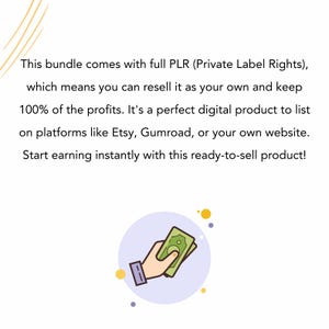 Puede incluir: Imagen con texto: "Este paquete viene con PLR completo (Private Label Rights), lo que significa que puedes revenderlo como tuyo y conservar el 100% de las ganancias. &iexcl;Empieza a ganar instant&aacute;neamente con este producto listo para vender!" Una mano sosteniendo efectivo.