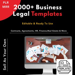 Puede incluir: Fondo negro con texto rojo y blanco que dice "2000+ Business Legal Templates". La imagen también incluye el texto "Editable & Ready To Use" y "Contracts, Agreements, HR, Finance, Real Estate & More."