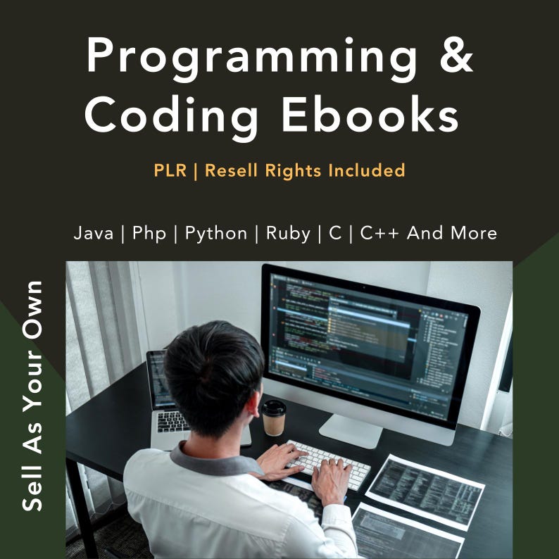 Puede incluir: Imagen que promociona libros electr&oacute;nicos de programaci&oacute;n y codificaci&oacute;n. El texto dice "Programming & Coding Ebooks" con "PLR | Resell Rights Included". Se enumeran lenguajes de programaci&oacute;n. Se muestra a una persona trabajando en una computadora con c&oacute;digo en la pantalla.