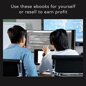 Puede incluir: Dos personas mirando una pantalla de ordenador que muestra c&oacute;digo. El texto en la parte superior de la imagen dice: "Usa estos libros electr&oacute;nicos para ti o rev&eacute;ndelos para obtener ganancias."