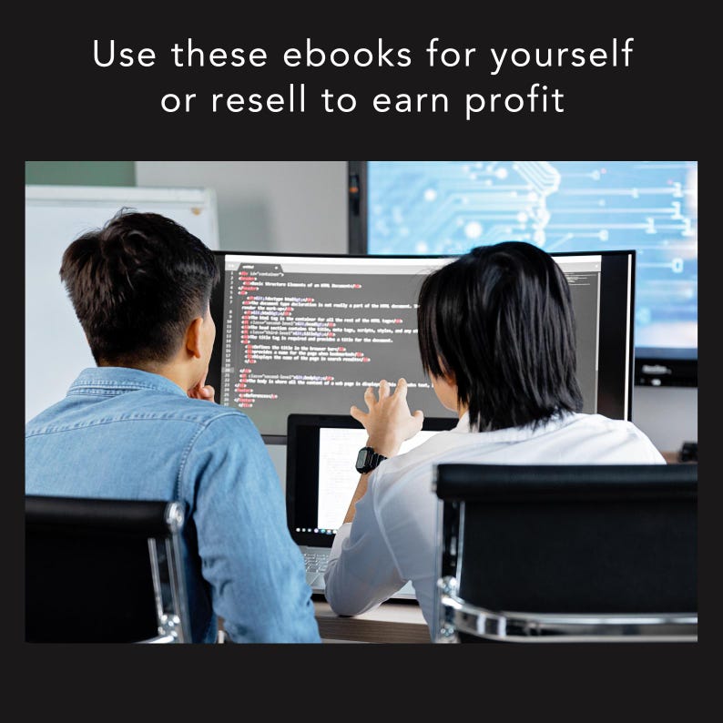 Puede incluir: Dos personas mirando una pantalla de ordenador que muestra c&oacute;digo. El texto en la parte superior de la imagen dice: "Usa estos libros electr&oacute;nicos para ti o rev&eacute;ndelos para obtener ganancias."