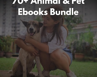 May include: Image features a woman embracing a dog. The text overlay reads "70+ Animal & Pet Ebooks Bundle" and "PLR | Resell Rights Include". The dog has brown and white fur. The woman is wearing a white shirt and denim shorts.