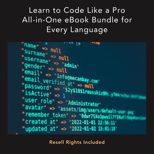 Puede incluir: Un paquete de libros electr&oacute;nicos con el texto "Learn to Code Like a Pro" y "All-in-One eBook Bundle for Every Language". La imagen muestra l&iacute;neas de c&oacute;digo en verde y blanco sobre un fondo azul oscuro. El texto "Resell Rights Included" est&aacute; en la parte inferior.