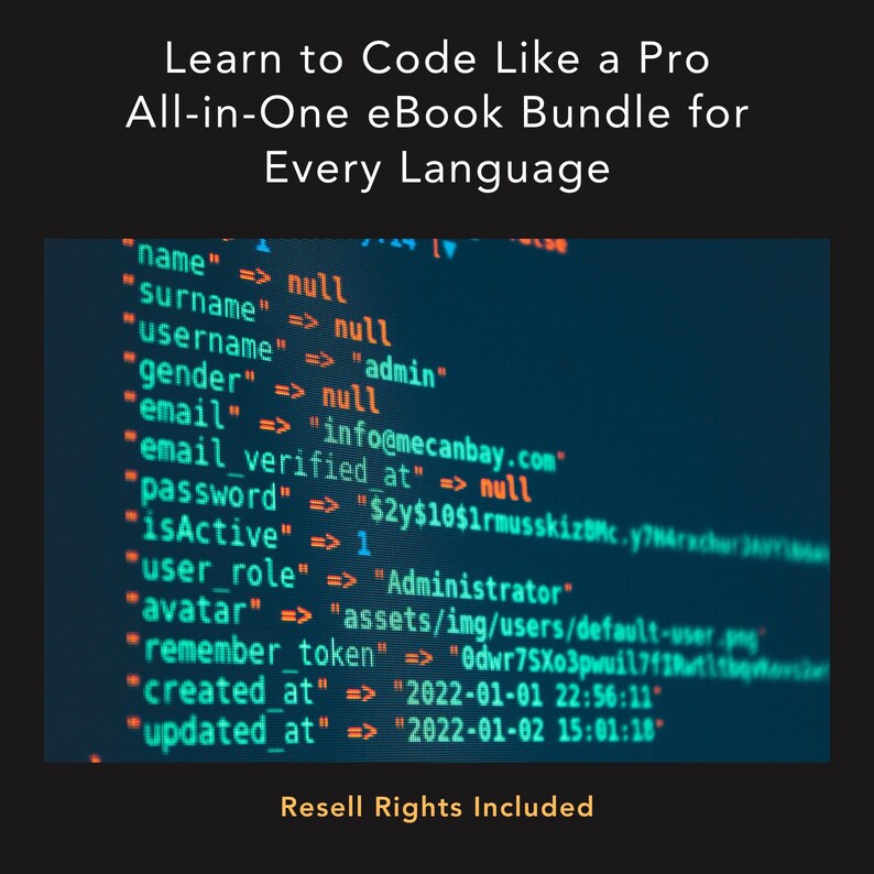 Puede incluir: Un paquete de libros electr&oacute;nicos con el texto "Learn to Code Like a Pro" y "All-in-One eBook Bundle for Every Language". La imagen muestra l&iacute;neas de c&oacute;digo en verde y blanco sobre un fondo azul oscuro. El texto "Resell Rights Included" est&aacute; en la parte inferior.