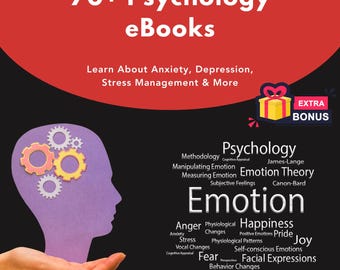 Paquete de más de 70 libros electrónicos de psicología: Ansiedad, depresión, estrés, salud mental, autoayuda, terapia, bienestar y mentalidad. Derechos de reventa y PLR.