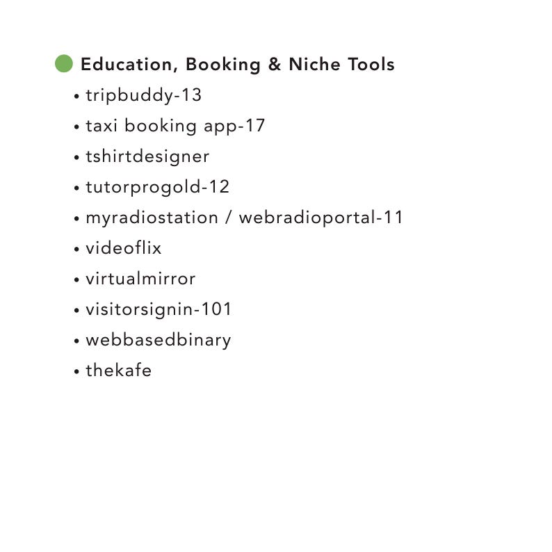 May include: A list of online tools and services for education, booking, and niche applications. The text includes "tripbuddy-13", "taxi booking app-17", "tshirtdesigner", "tutorprogold-12", "myradiostation / webradioportal-11", "videoflix", "virtualmirror", "visitorsignin-101", "webbasedbinary", and "thekafe".
