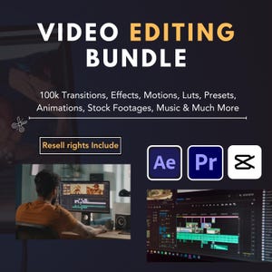 Ultimate Video Editing Bundle | Premiere Pro, After Effects, CapCut | Transitions, LUTs, Presets, SFX, Stock Footage | PLR/MRR Rights