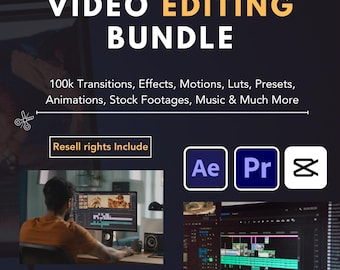 Paquete de edición de video definitivo: Premiere Pro, After Effects, CapCut, transiciones, LUT, ajustes preestablecidos, efectos especiales, material de archivo, derechos PLR/MRR