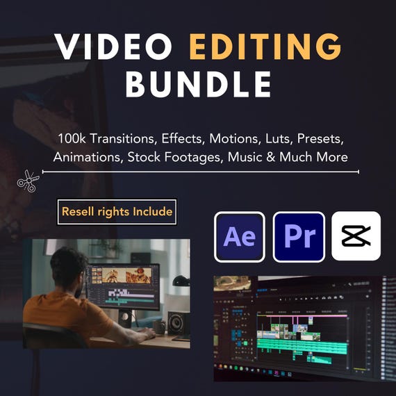 Ultimate Video Editing Bundle | Premiere Pro, After Effects, CapCut | Transitions, LUTs, Presets, SFX, Stock Footage | PLR/MRR Rights