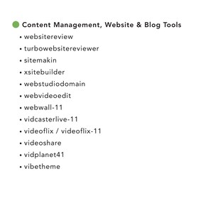 May include: A list of website and blog tools, including "websitereview", "turbowebsitereviewer", and "sitemakin", is displayed on a white background. The text is in a sans-serif font and is organized with bullet points.