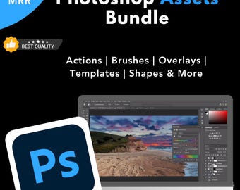 Paquete de recursos para Photoshop / Acciones, plantillas, pinceles, superposiciones, formas y efectos de texto / Kit de herramientas de diseño gráfico / Derechos de reventa incluidos