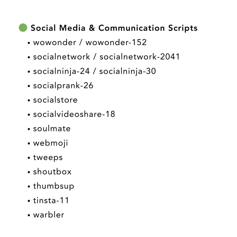 May include: A list of social media and communication scripts, including "wowonder," "socialnetwork," and "socialninja." The text is in a sans-serif font, with a green circle at the top. The list is on a white background.