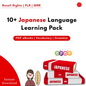 May include: A graphic promoting a Japanese language learning pack. The image features three stacked red and white books labeled "Japanese" with numbers 1, 2, and 3. Text includes "10+ Japanese Language Learning Pack" and "PDF eBooks | Vocabulary | Grammar."
