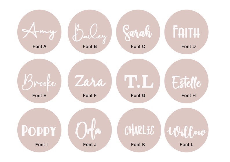 May include: A chart showing 12 different fonts with the names Amy, Bailey, Sarah, FAITH, Brooke, Zara, T.L, Estelle, POPPY, Orla, CHARLIE, and Willow written in each font.