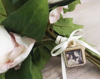 Bouquet Photo Square Charm , Wedding Bouquet Photo Charm, Rhinestone Memorial Photo Charm, Rhinestone Photo charm, Bouquet Photo Jewelry