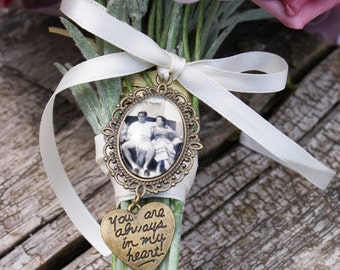 Photo Charm with Heart, Bouquet Photo Jewelry, Wedding Bouquet Photo Charm, Quote Heart, Memorial Photo Charm, Bronze Heart Photo charm
