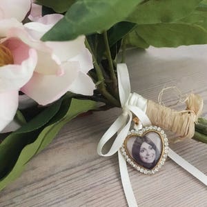Bouquet Photo Charm Heart, regalo de la foto del ramo de boda, encanto de la foto del monumento a Rhinestone de oro, encanto de la foto de Rhinestone, joyería de la foto del ramo