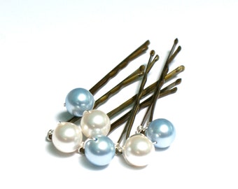 Something Blue Hair Pins, Bridesmaid Wedding Hairpins, Blue wedding Bridal Hair Pins, Pearl Bobby Pins, Swarovski Hair Pins, Set of 6 Mixed