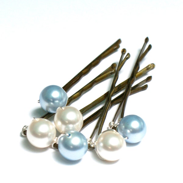 Something Blue Hair Pins, Bridesmaid Wedding Hairpins, Blue wedding Bridal Hair Pins, Pearl Bobby Pins, Swarovski Hair Pins, Set of 6 Mixed