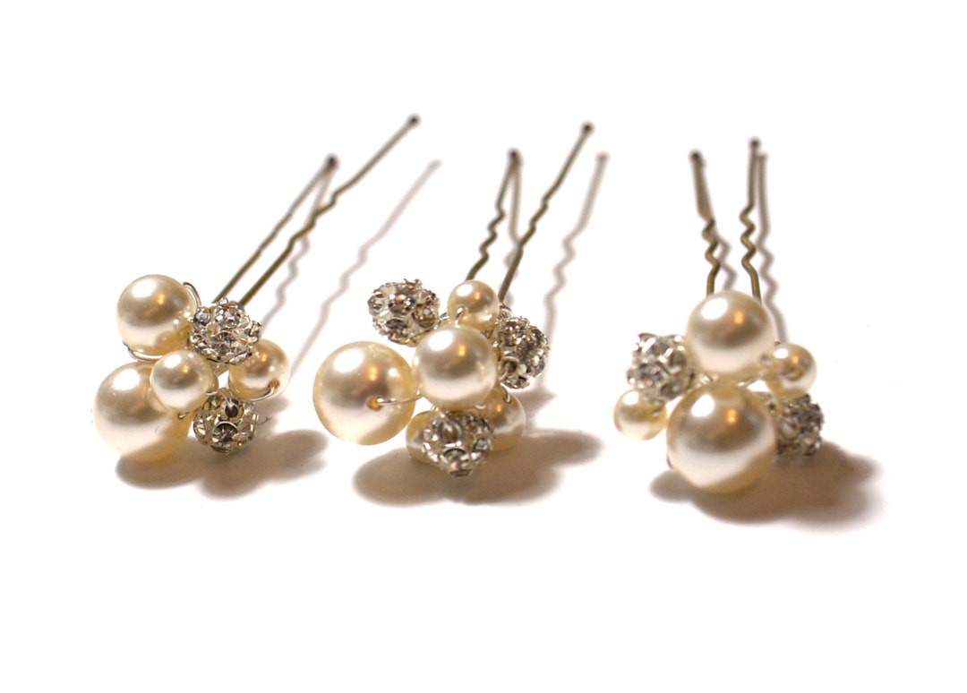 Pearl Hair Pins, Set of 3 Cluster Hair Pins, Viel Bobby Pins, Swarovski