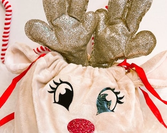 Large Personalised Christmas Treat Reindeer Bag, kids Christmas eve box candy bag, reindeer food bag, cute Christmas gift sack