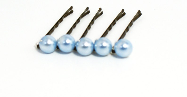 Something Blue Hair Pins, Bridesmaid Wedding Hairpins, Baby Blue wedding Bridal Hair Pins, Pearl Bobby Pins, Swarovski Hair Pins, Set of 5 image 2